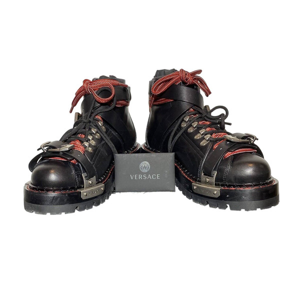 Versace Combat Ankle Boot 37.5 Black sz 7 Anfibio T.25 Vitello Nero Palladio - Picture 1 of 15